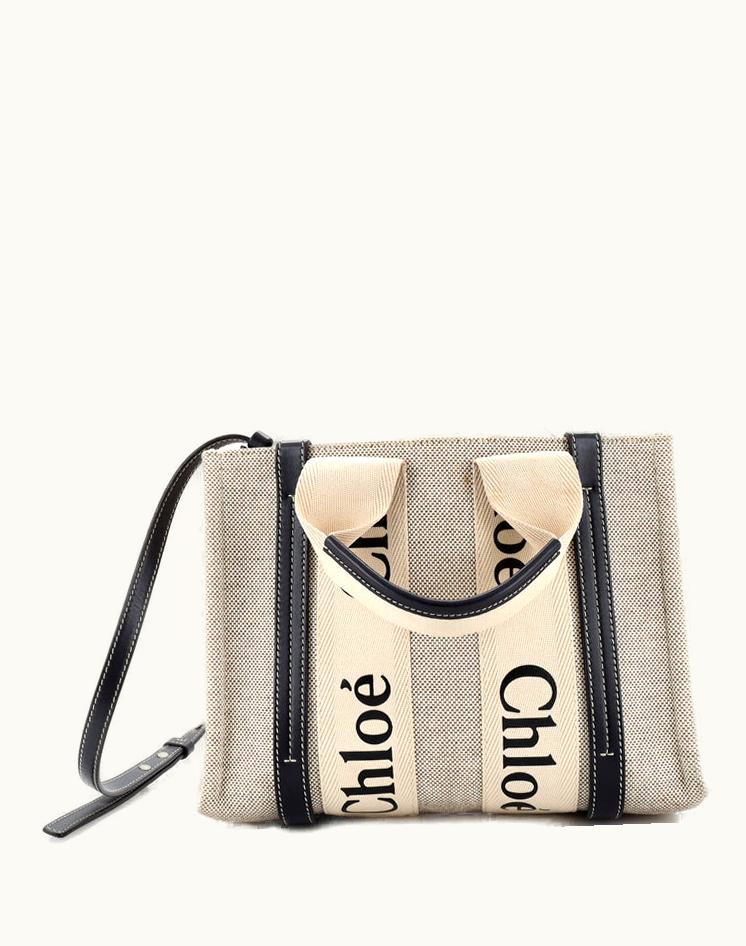 Chloe Chloe Woody Convertible Tote Canvas With Leather Small Neutral Silver