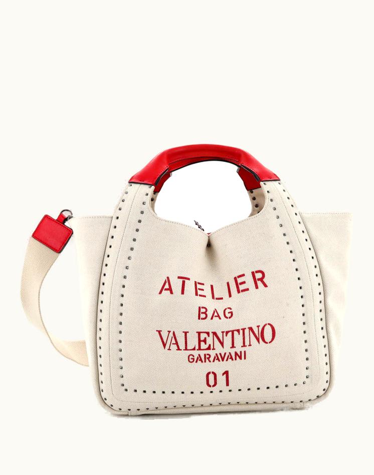 Valentino Valentino Atelier 01 Tote Studded Canvas Medium Neutral Gray