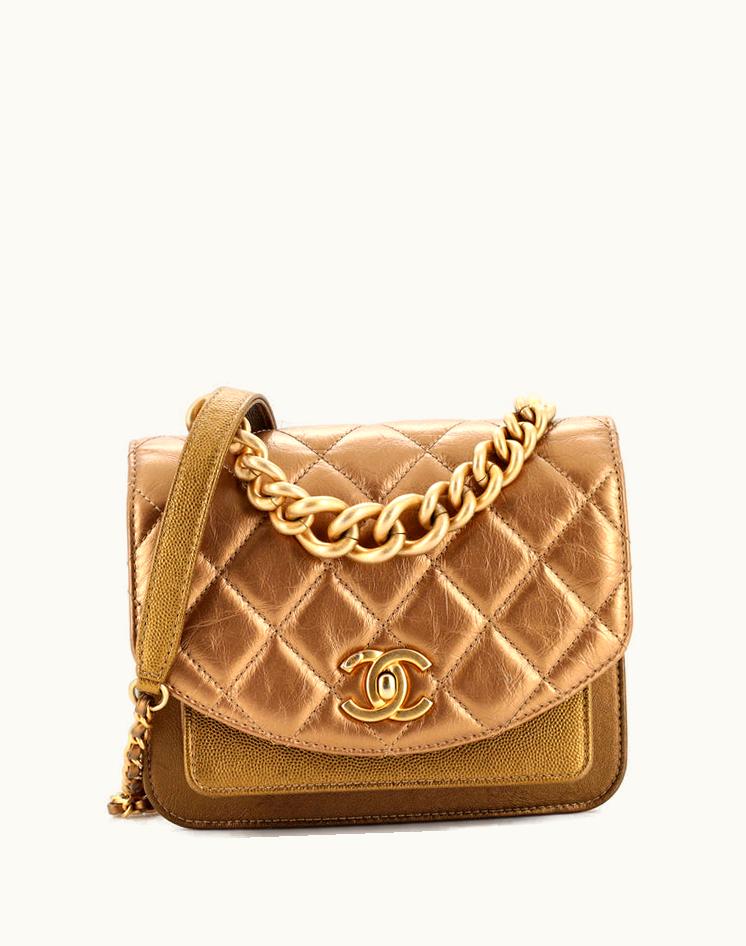 Chanel Chanel Chain Handle Flap Bag Quilted Calfskin With Caviar Mini Gold