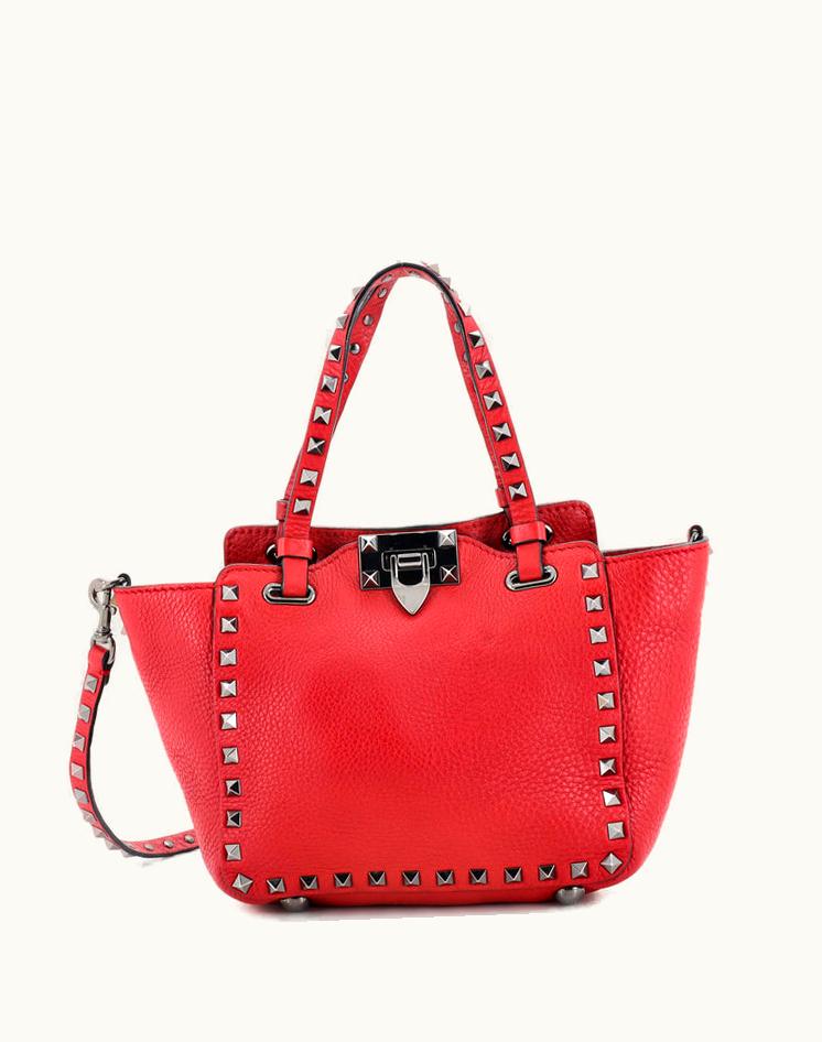 Valentino Valentino Rockstud Tote Pebbled Leather Mini Tote Bag Red
