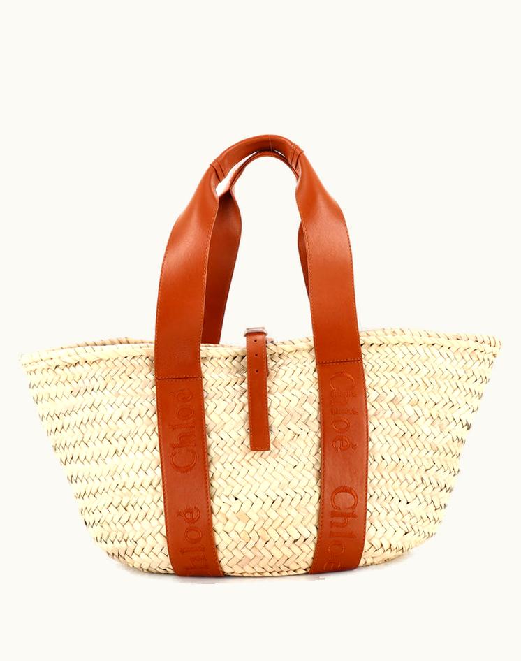 Chloe Chloe Sense Basket Raffia With Leather Medium Luxury Tote Bag Brown & Neutral