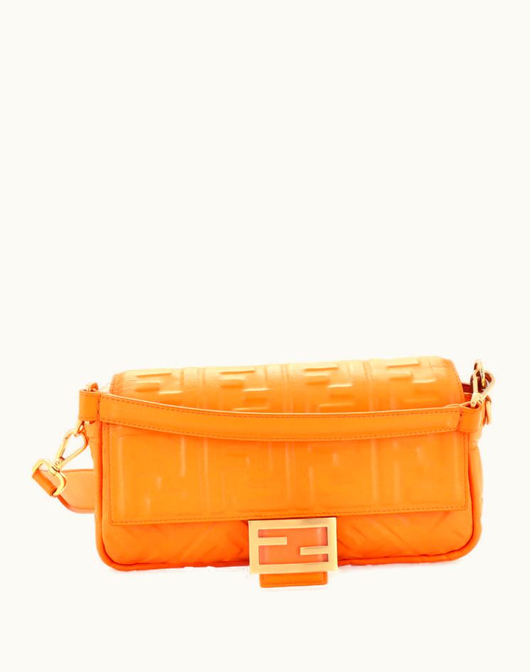 Fendi Fendi Baguette NM 224828/11 Zucca Embossed Leather Medium Bag Orange Black Aged Gold