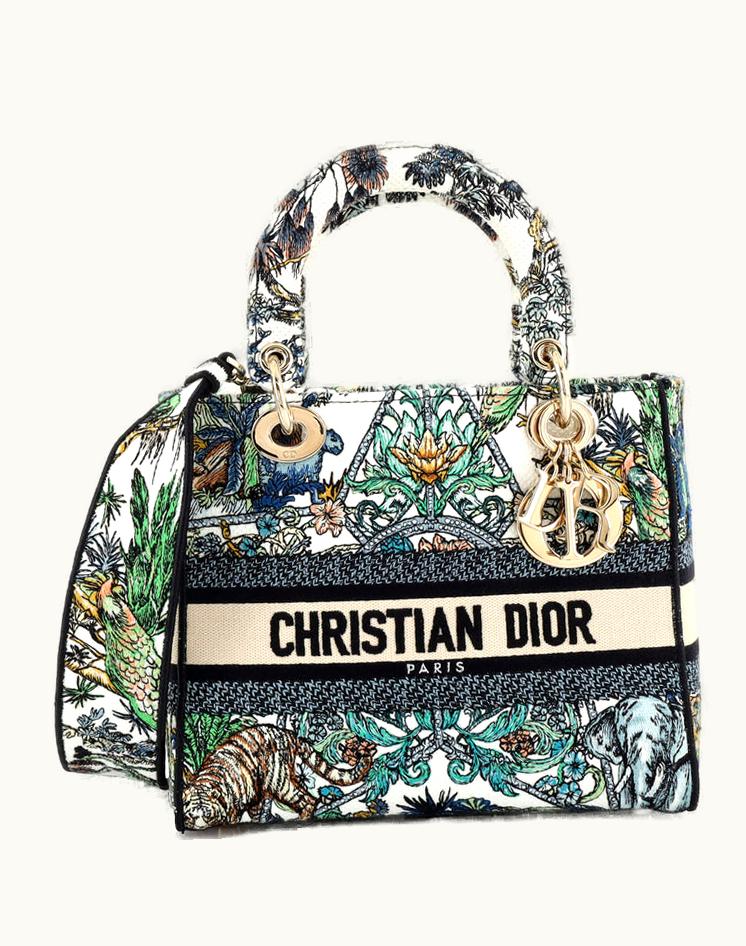 Dior Dior Lady D-Lite Bag Embroidered Canvas Medium Gold Tone