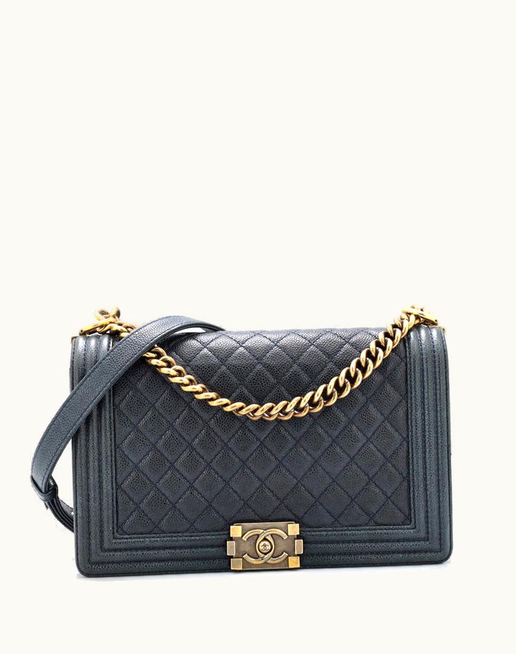 Chanel Chanel Boy Flap Bag Quilted Caviar New Medium Blue Leather Aged Gold