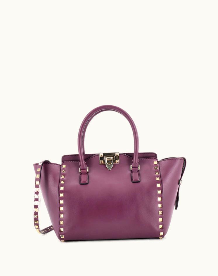 Valentino Valentino Rockstud Tote Rigid Leather Small Purple Gold Tone