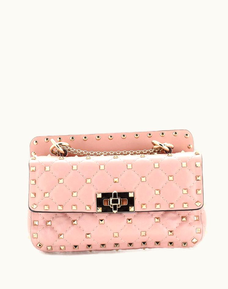 Valentino Valentino Garavani Rockstud Spike Flap Bag Quilted Leather Small Neutral Gold Tone