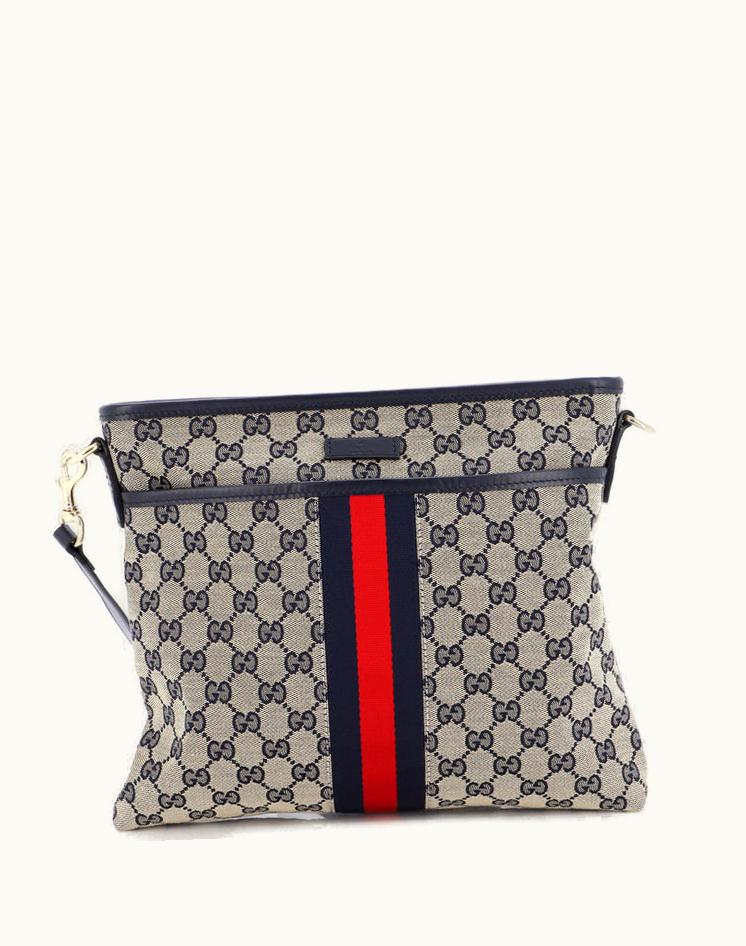 Gucci Gucci Front Pocket Web Messenger GG Canvas Small Blue Black Gold Tone