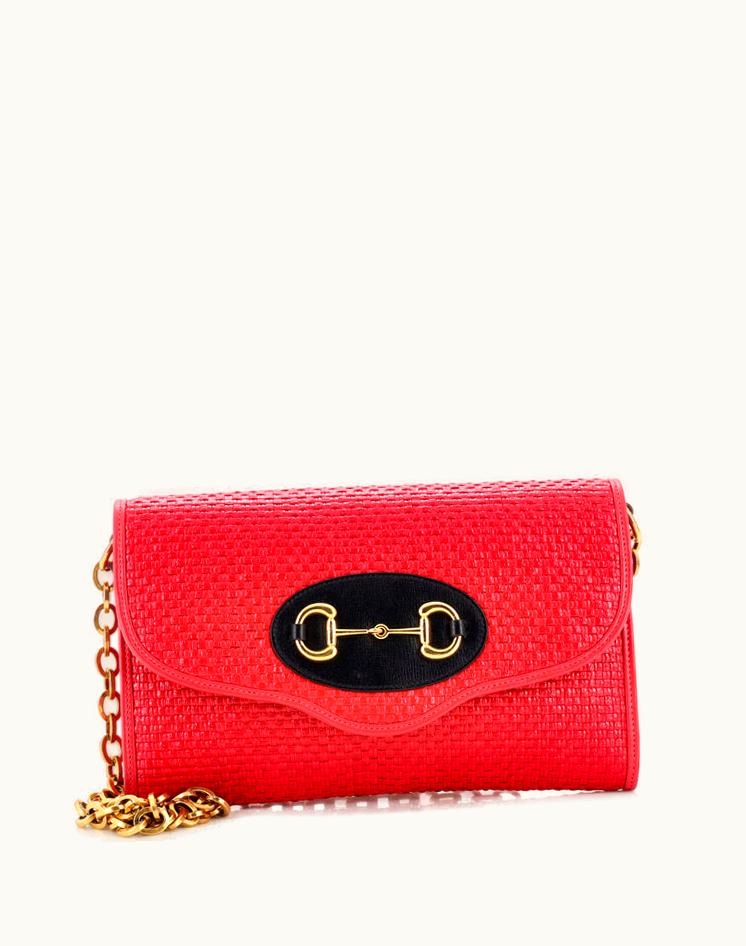 Gucci Gucci Horsebit 1955 Curved Flap Shoulder Bag Raffia Small Red Aged Gold