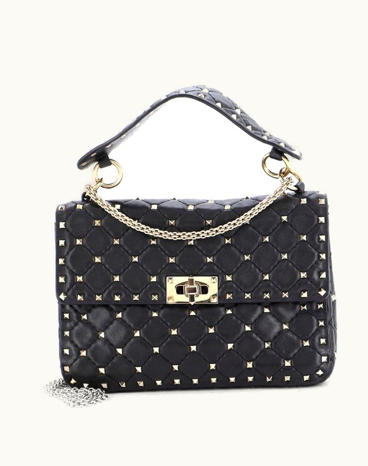 Valentino Valentino Rockstud Spike Flap Bag Quilted Leather Medium Black Gold Tone