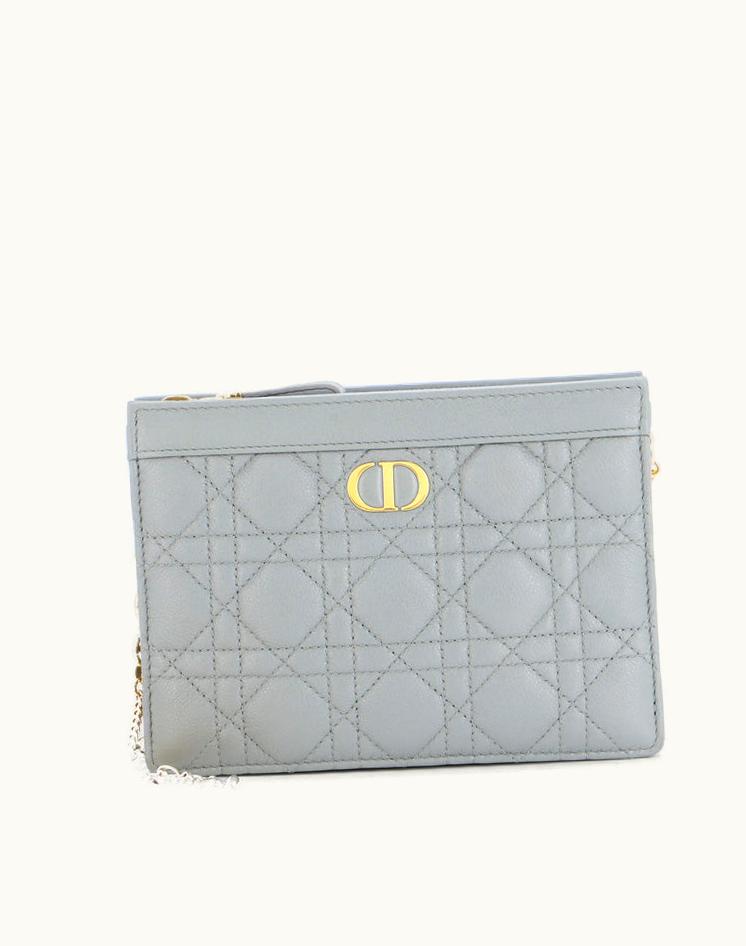 Dior Dior Caro Zipped Pouch With Chain Leather Gray Gold
