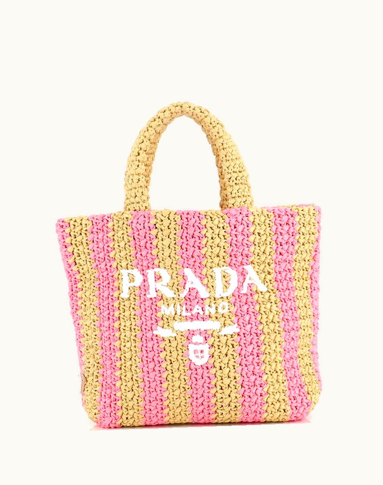 Prada Prada Logo Tote Raffia Small Multicolor Neutral Pink