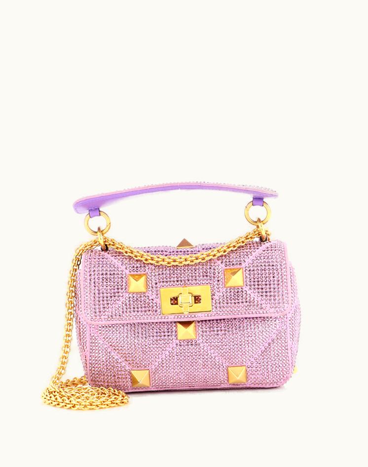 Valentino Valentino Garavani Roman Stud Flap Bag Embellished Suede Small in Purple