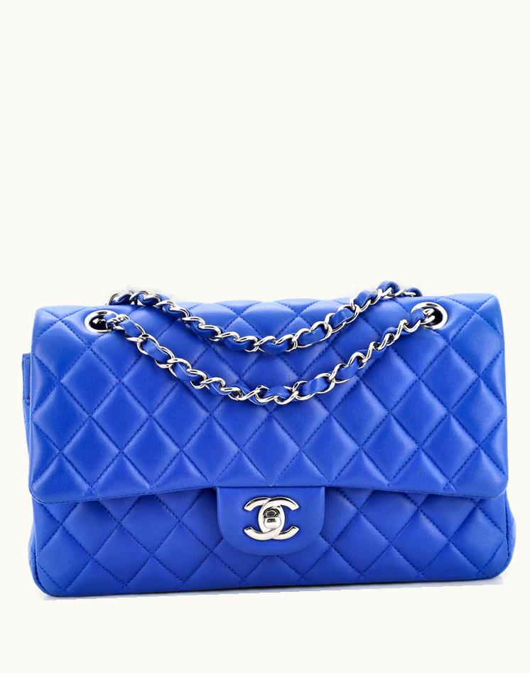 Chanel Chanel Classic Double Flap Bag Quilted Lambskin Medium Blue Silver