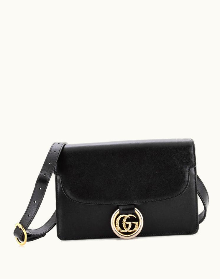 Gucci Gucci GG Ring Shoulder Bag Leather Small Black/Green Gold Tone