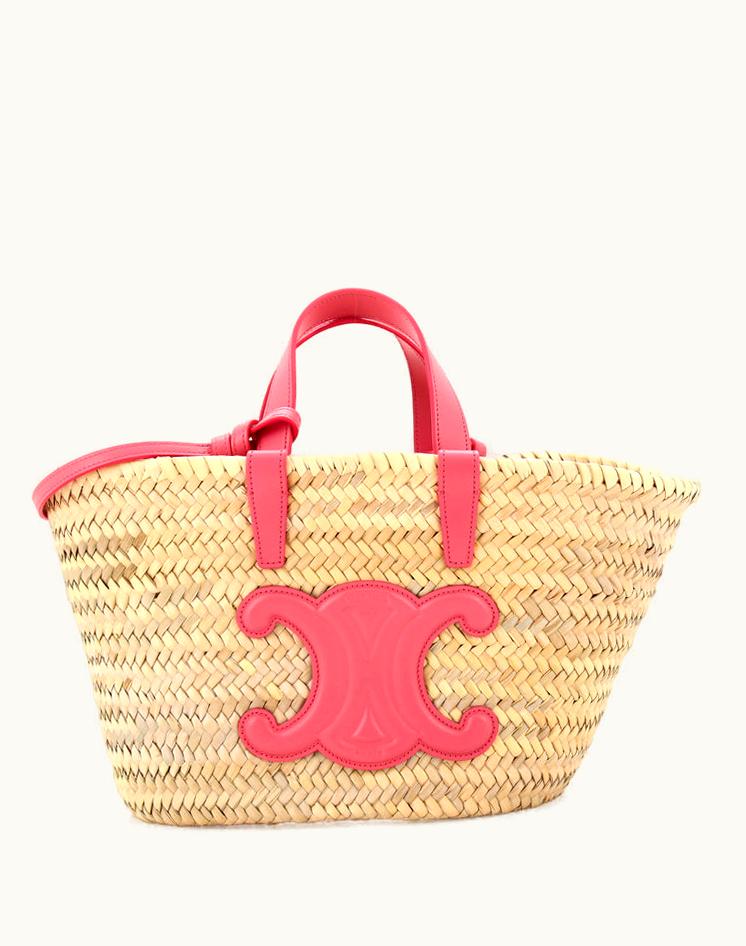 Celine Celine Triomphe Basket Shoulder Bag Teen Leather & Straw Neutral/Pink
