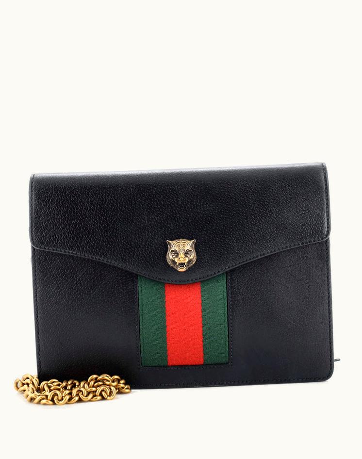Gucci Gucci Animalier Web Chain Shoulder Bag Leather Small Black