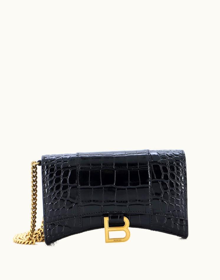 Balenciaga Balenciaga Hourglass Chain Wallet Crocodile Embossed Leather Black Aged Gold