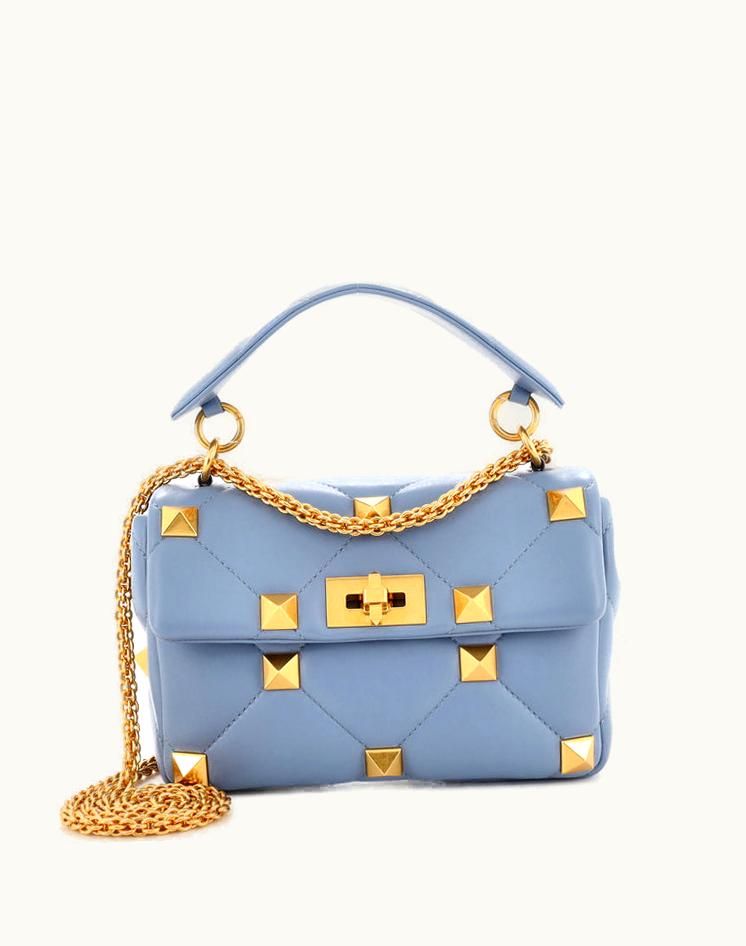 Valentino Valentino Roman Stud Flap Bag Quilted Leather Medium Blue Gold
