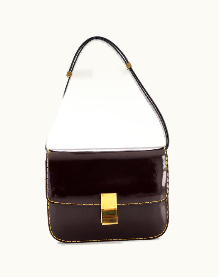 Celine Celine Classic Box Bag Spazzolato Calfskin Medium Patent Brown/Leather Red Gold