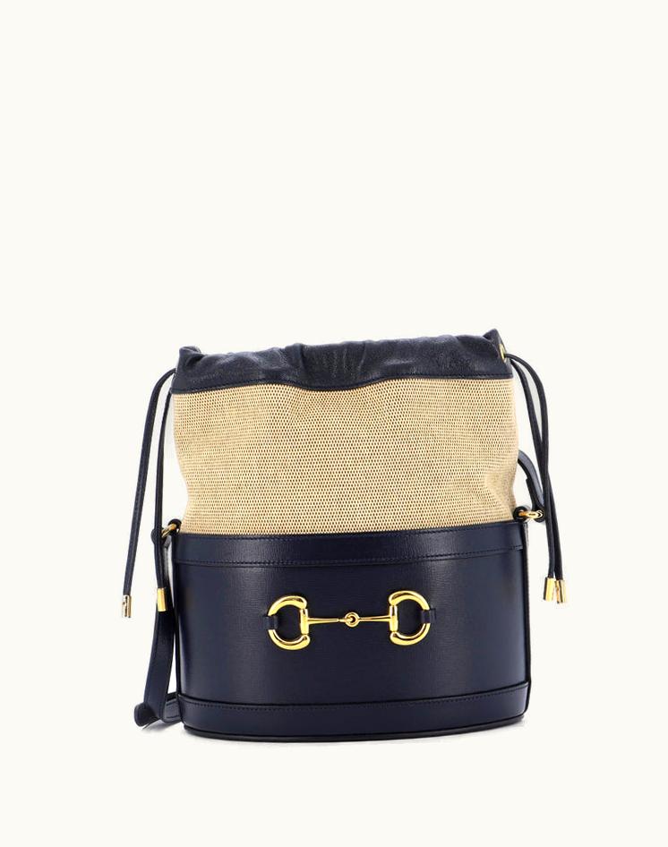 Gucci Gucci Horsebit 1955 Bucket Crossbody Bag Small Blue Canvas Neutral Leather