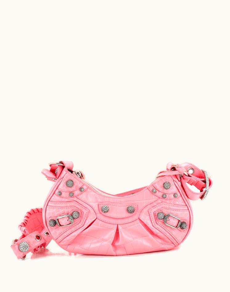 Balenciaga Balenciaga Le Cagole Giant Studs Shoulder Bag Crocodile Embossed Leather With Crystals XS Pink