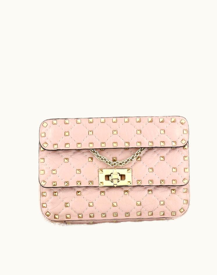 Valentino Valentino Rockstud Spike Flap Bag Quilted Leather Small Pink Suede Gold Tone