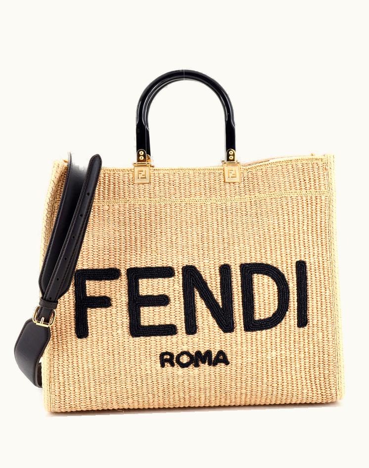Fendi Fendi Sunshine Shopper Tote Woven Raffia Medium Neutral Beige