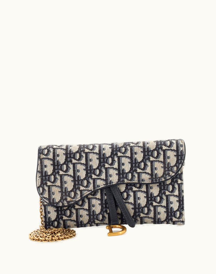 Dior Christian Dior Saddle Chain Wallet in Blue Oblique Canvas