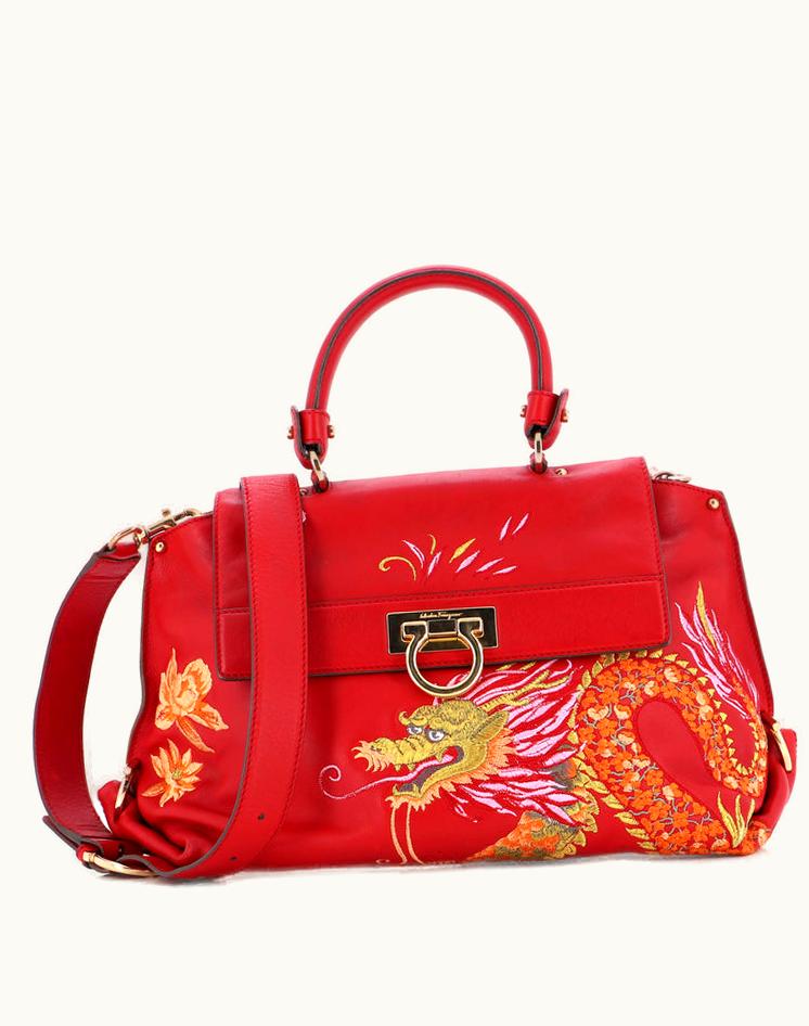 Salvatore Ferragamo Salvatore Ferragamo Sofia Satchel Embroidered Leather Medium