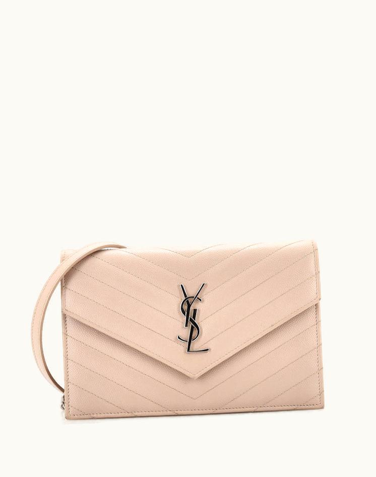 Saint Laurent Saint Laurent Classic Monogram Wallet On Chain Matelasse Chevron Leather Small in Neutral