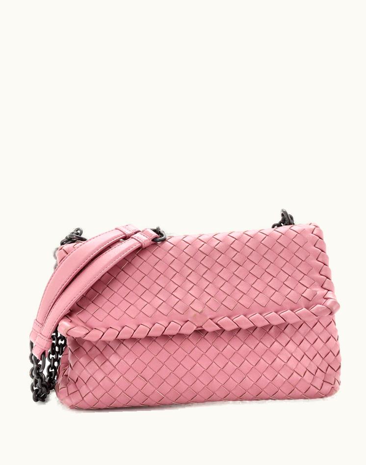 Bottega Veneta Bottega Veneta Olimpia Crossbody Bag Intrecciato Nappa Small Leather Pink Suede Brown Pink Gun Metal