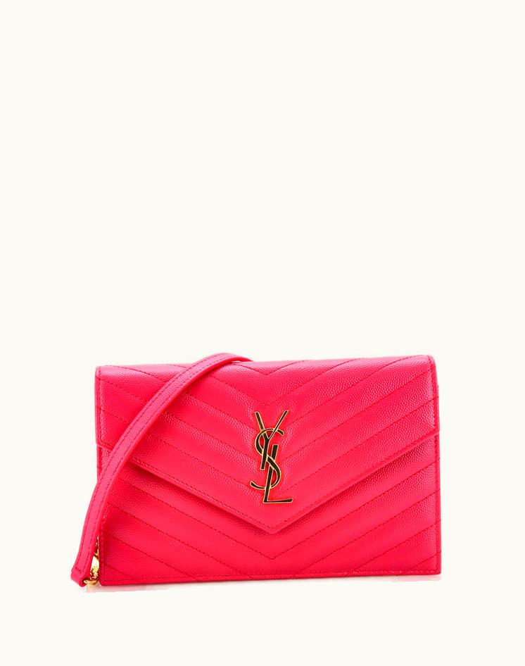 Saint Laurent Saint Laurent Classic Monogram Wallet On Chain Matelasse Chevron Leather Small Pink Gold