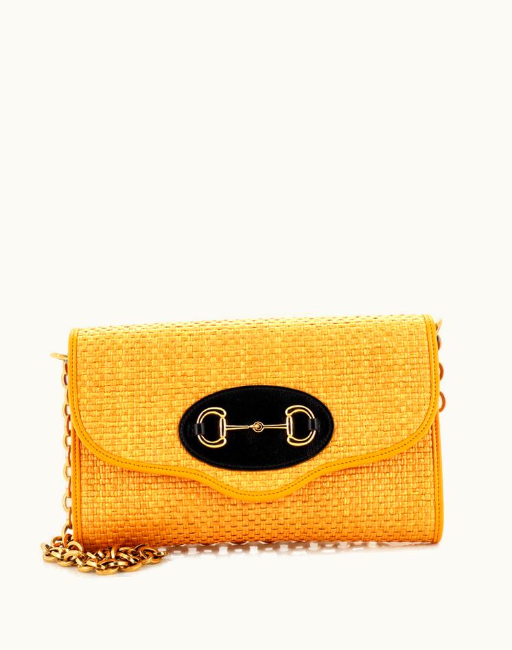 Gucci Gucci Horsebit 1955 Curved Flap Shoulder Bag Raffia Small in Vibrant Yellow