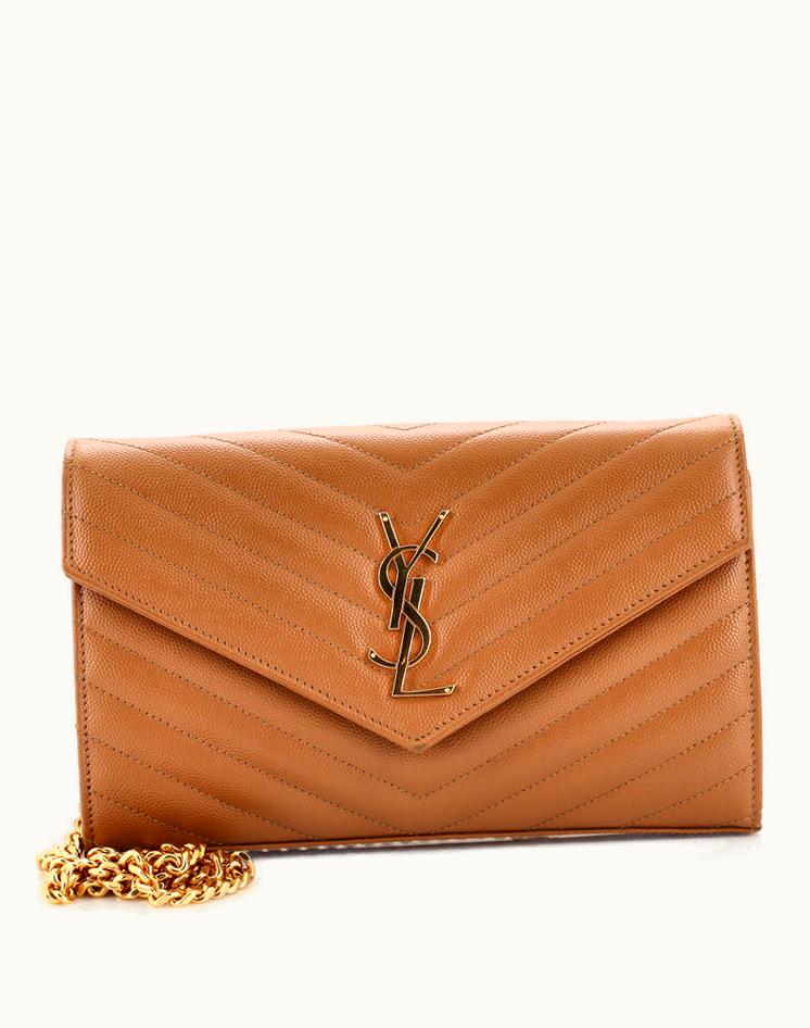 Saint Laurent Saint Laurent Deconstructed Monogram Chain Wallet Matelasse Chevron Leather Medium in Brown