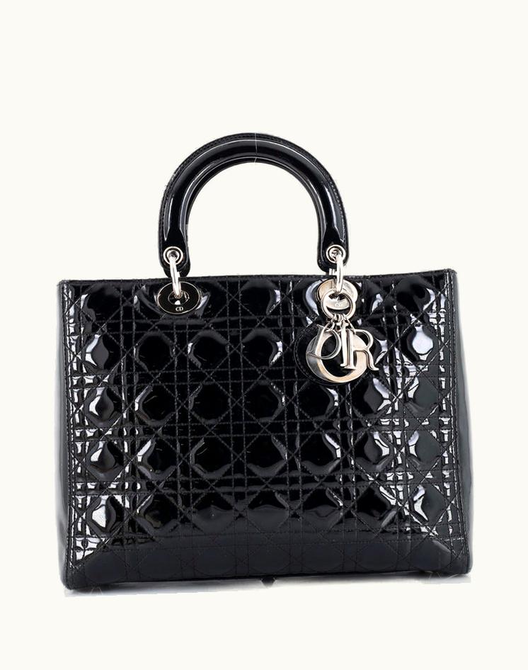 Dior Dior Vintage Lady Dior Bag Cannage Quilt Patent Large Black Patent Silver