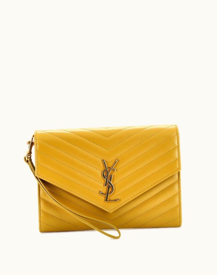 Saint Laurent Saint Laurent Classic Monogram Envelope Wristlet Clutch Matelasse Chevron Leather in Yellow