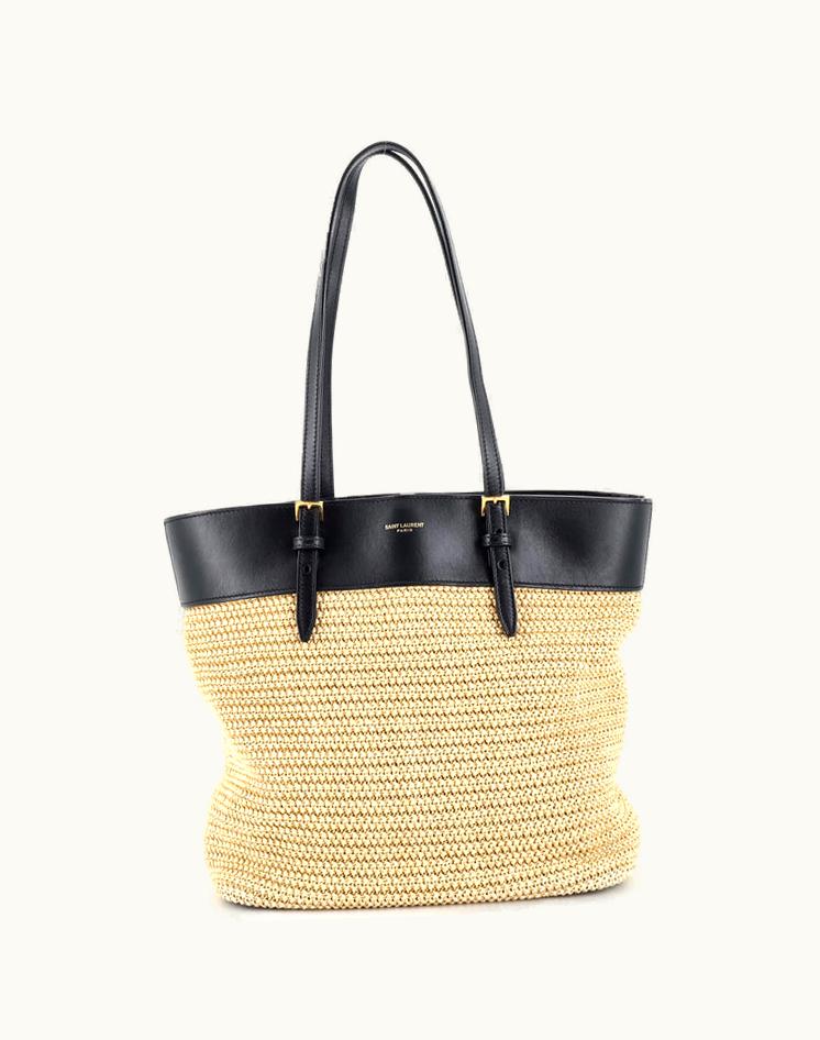 Saint Laurent Saint Laurent Boucle E/W Shopping Tote Raffia With Leather Mini Black & Neutral