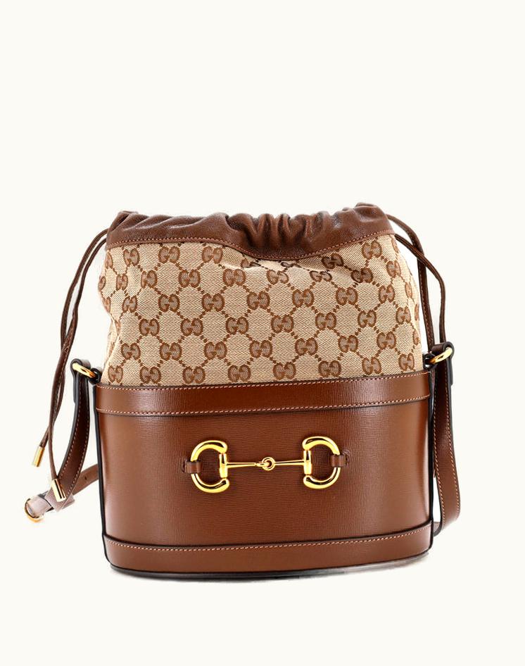 Gucci Gucci Horsebit 1955 Bucket Crossbody Bag Leather And GG Canvas Small Brown-Gold