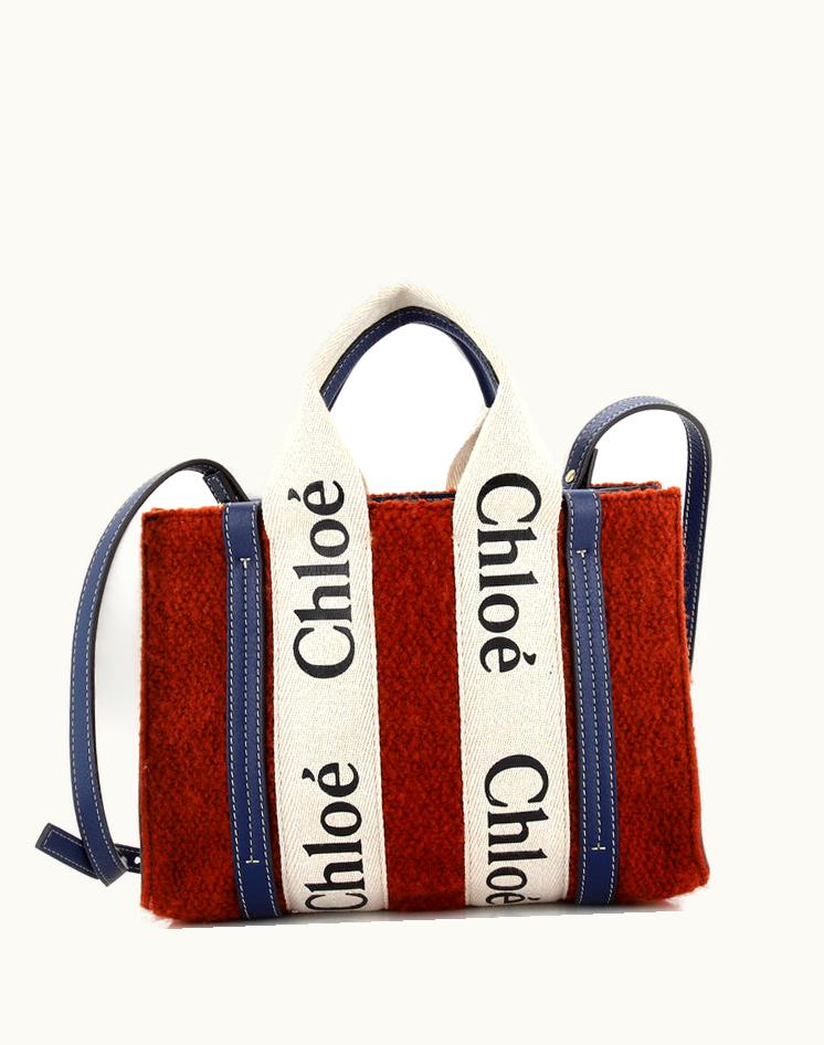 Chloe Chloe Woody Tote Wool With Leather And Canvas Small
