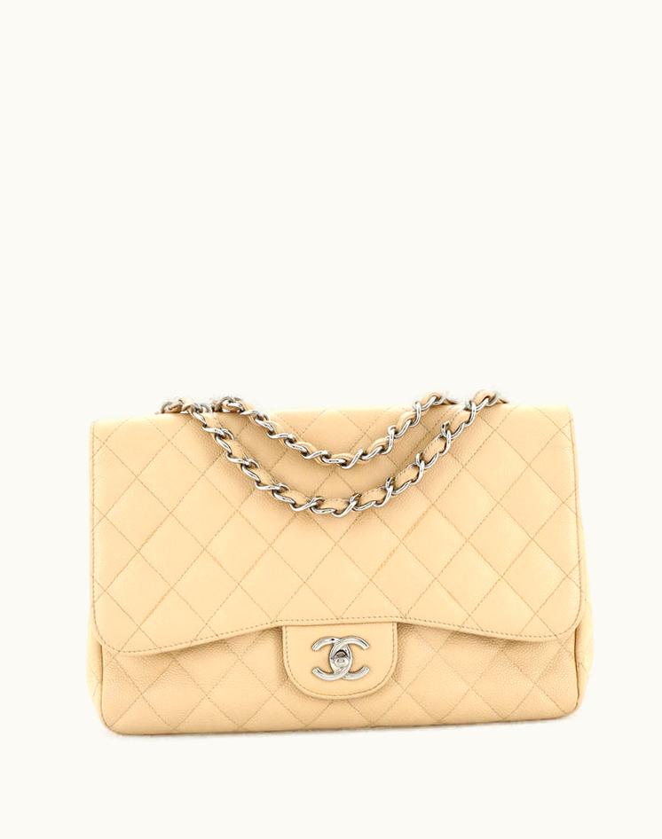 Chanel Chanel Vintage Classic Single Flap Bag Quilted Caviar Jumbo Leather Neutral Silver