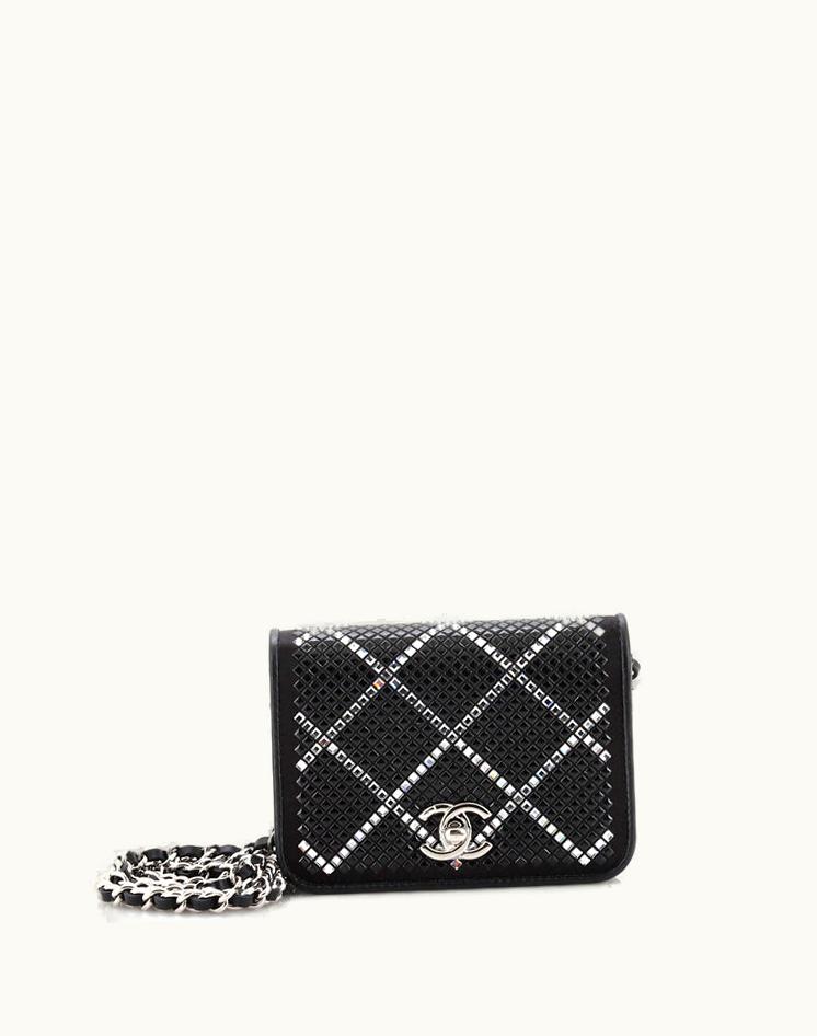 Chanel Chanel CC Flap Card Holder On Chain Strass Embellished Satin Mini
