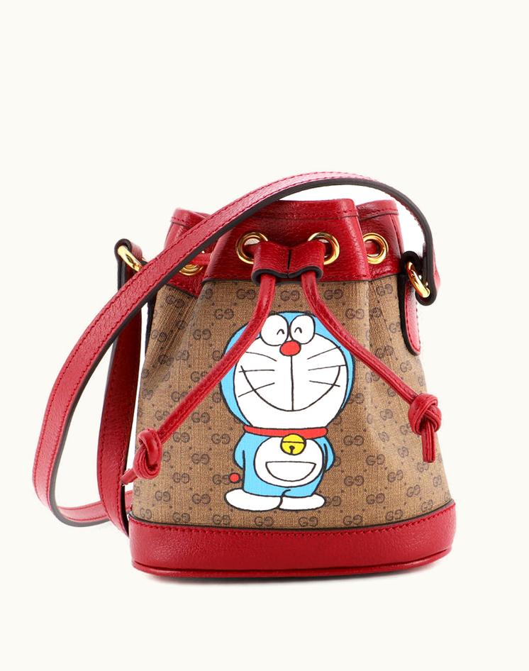 Gucci Gucci Doraemon Mini GG Coated Canvas Bucket Bag Brown/Red