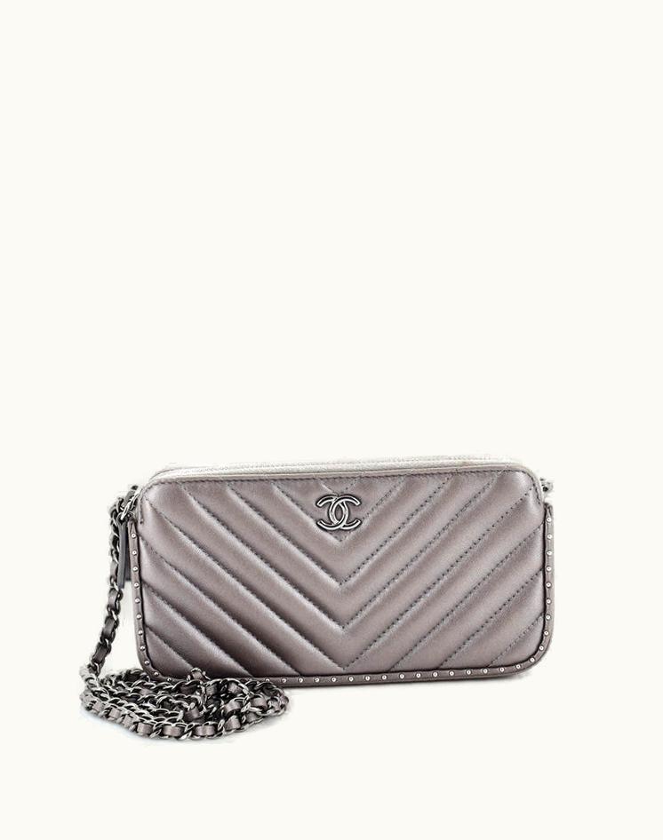 Chanel Chanel Double Zip Clutch With Chain Chevron Lambskin With Studded Detail