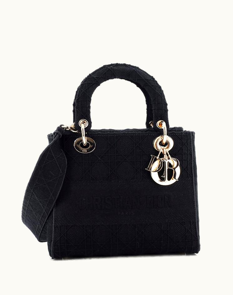 Dior Christian Dior Lady D-Lite Bag Cannage Embroidered Canvas Medium Plain Black Gold Tone