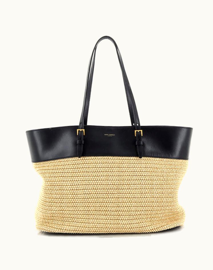 Saint Laurent Saint Laurent Boucle E/W Shopping Tote Raffia With Leather Medium in Black and Neutral