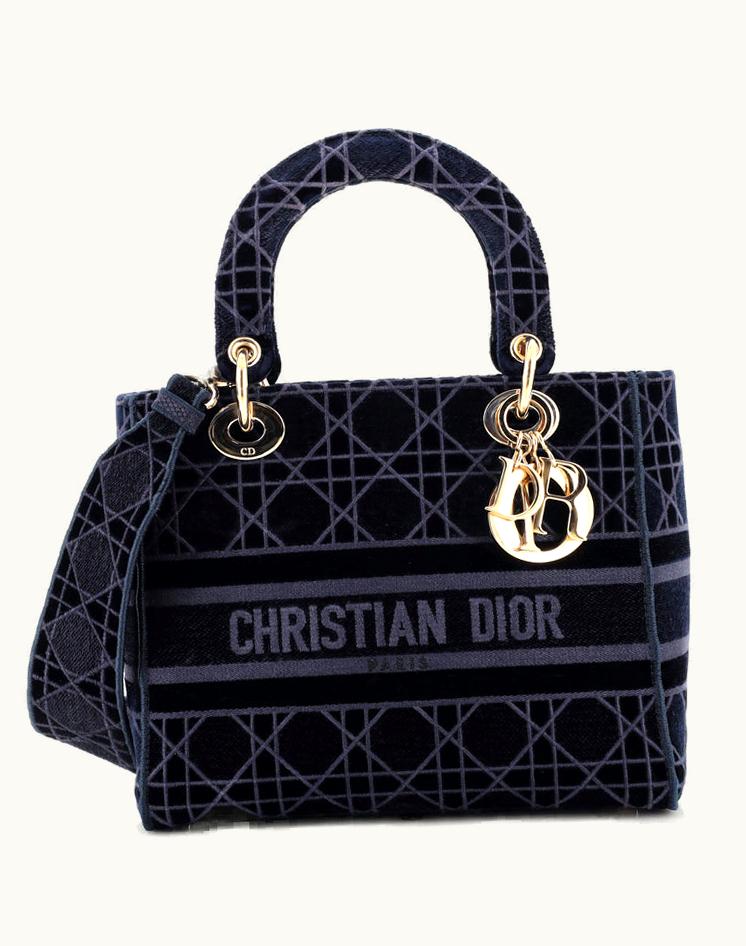 Dior Christian Dior Lady D-Lite Bag Cannage Embroidered Velvet Medium Blue Gold