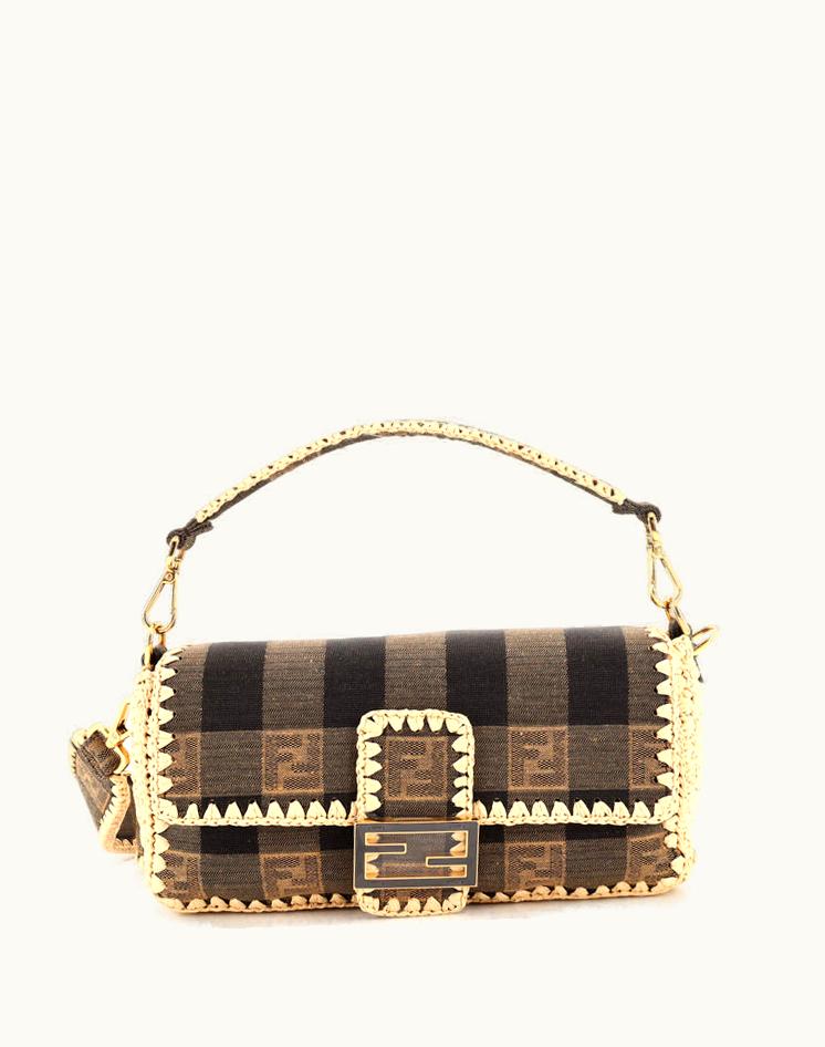 Fendi Fendi Baguette NM Bag Pequin Canvas With Raffia Medium Brown Neutral Gold