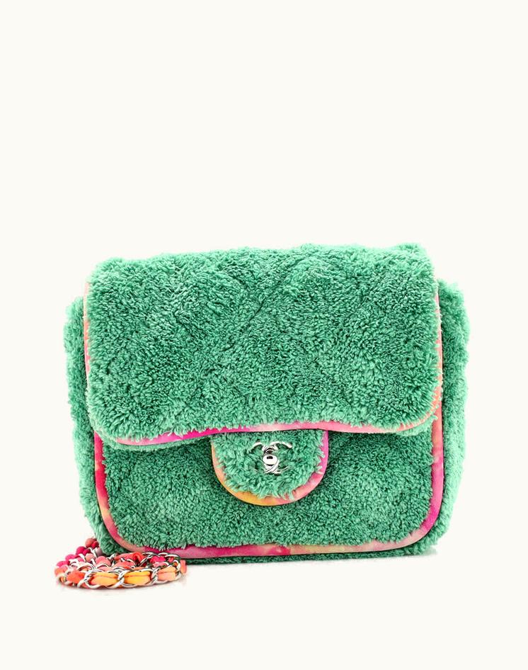 Chanel Chanel Classic Single Flap Bag Quilted Terry Cloth And Ribbon Small in Green and Pink