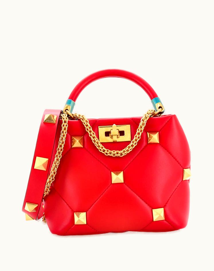 Valentino Valentino Roman Stud Top Handle Bag Quilted Leather Small Red