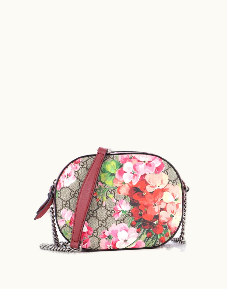 Gucci Gucci Chain Crossbody Bag Blooms Print GG Coated Canvas Mini Brown Aged Silver